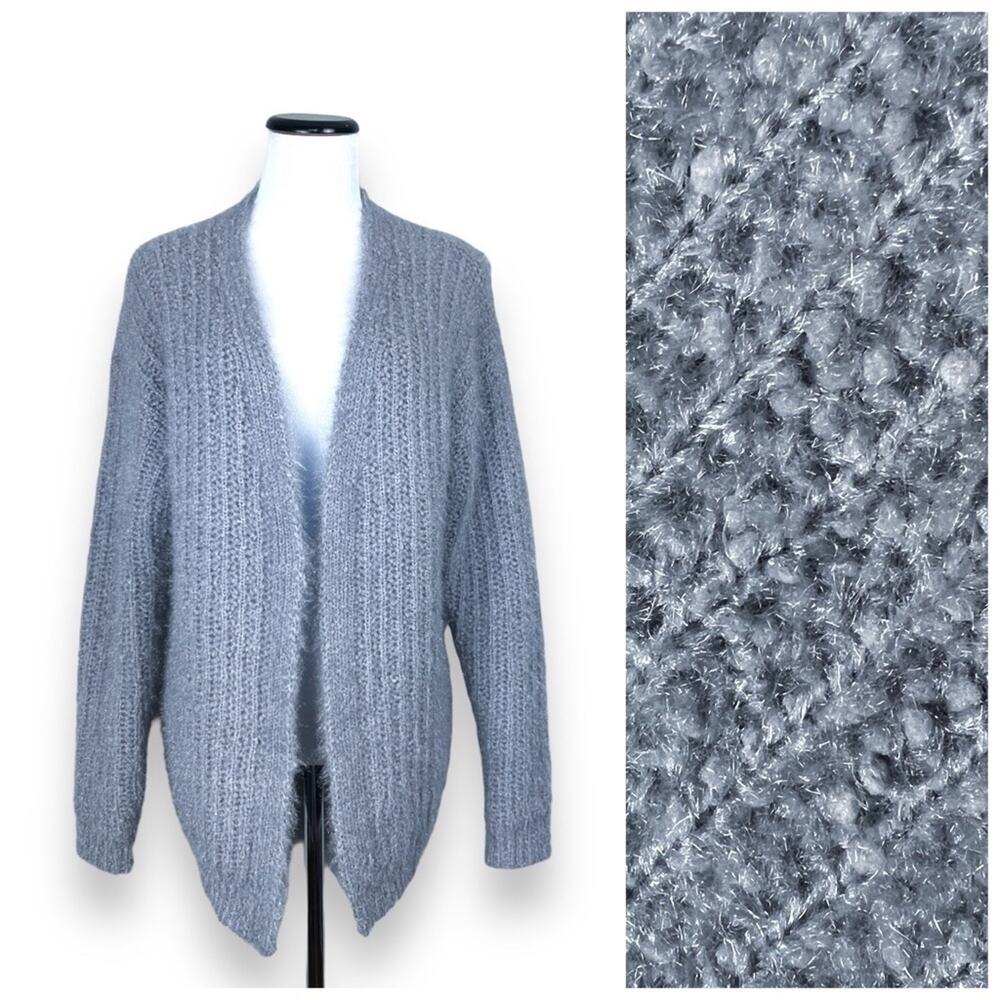 POL Metallic Knit Open Front Silver Cardigan Sweater S Shimmer Gray Cozy EUC